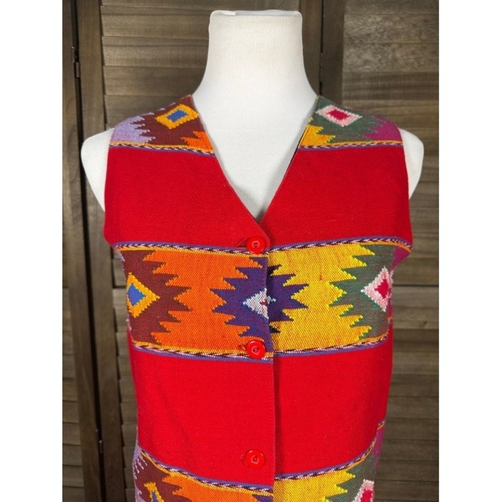 Orvis Women Red Southwestern Geometric Cotton Button Front Vest Size S Guatemala - Picture 4 of 10
